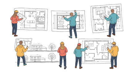 Architectural Design and Planning Team Reviewing Blueprints of Buildings