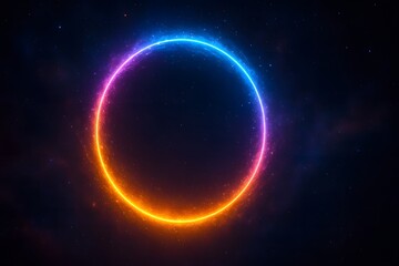 Fototapeta premium Neon circular halo with blue and orange glow in deep space
