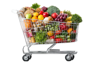 Full shopping cart overflowing with fresh produce and groceries