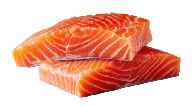 Two raw salmon fillets, rich orange color, white fat lines