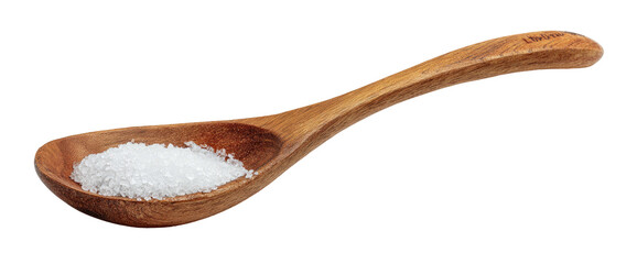 Wooden spoon with a small pile of white granular crystals on a black background