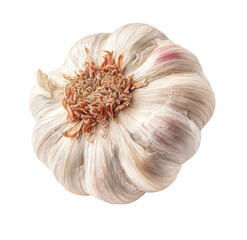 Single bulb of fresh garlic with dry roots, isolated on black