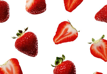 Fresh red strawberries, whole and halved, on a black background