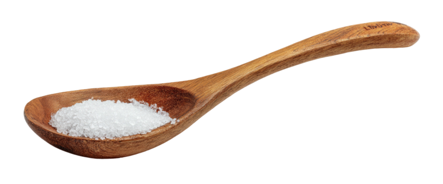 Wooden spoon with a small pile of white granular crystals on a black background