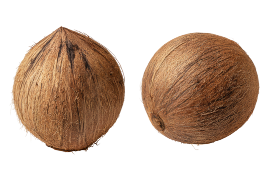 Two brown fibrous coconuts isolated on a black background
