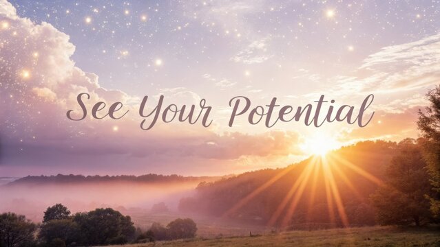 Inspirational sunrise over misty landscape with motivational quote See Your Potential for personal growth and possibility
