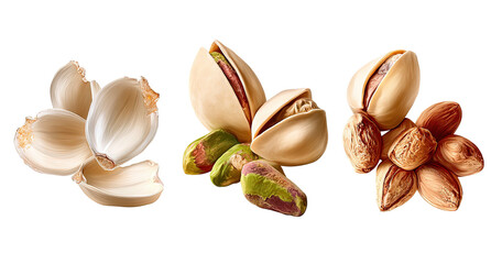 Three clusters of pistachios, some shelled, some not, on black