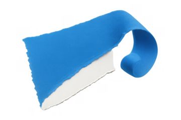 Torn blue paper strip curling, revealing white background, abstract banner on alpha channel