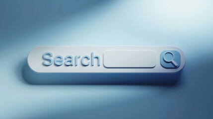 Minimalist 3D of a Search Bar with Magnifying Glass Icon on a Clean Blue Technology Background. Web Search and Information Technology. SEO and Online Marketing 