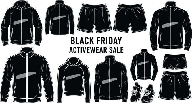 Don't miss this Black Friday activewear sale on jackets, shorts, and shoes for your fitness goals professional vector concept illustration