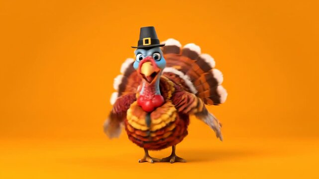 Festive Thanksgiving Turkey Cartoon Character with Pilgrim Hat on Orange Background