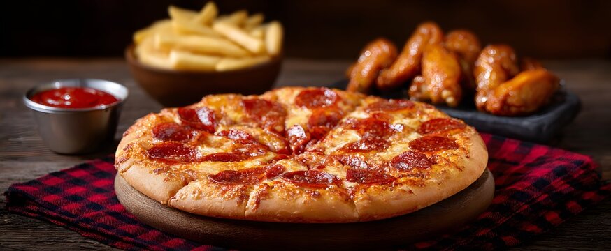 The tasty pepperoni pizza with wings and fries on a cozy wooden surface