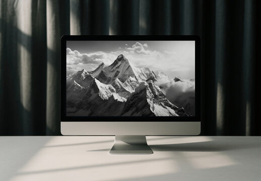 Desktop Mockup Displaying Majestic Mountain Landscape Psd