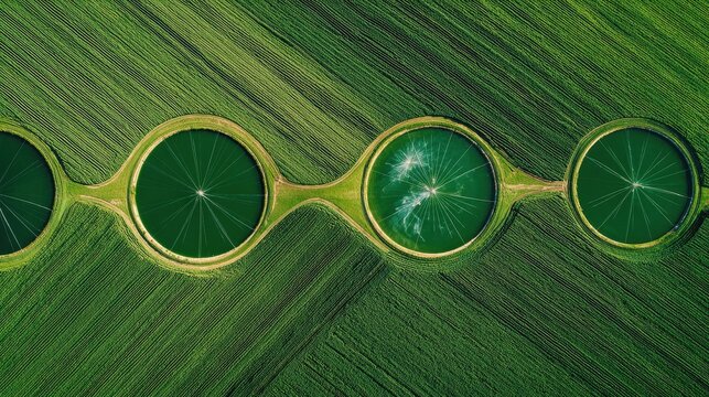 Overhead view of multiple circular green fields with irrigation patterns. - Powered by Adobe