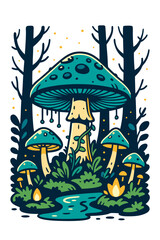Fantasy forest scene with giant glowing mushrooms surrounded by plants symbolizing mystery imagination and magical harmony of nature and dreams