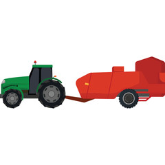 Green Tractor Pulling Red Agricultural Baler Machine on White Background
