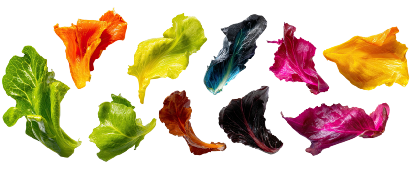 Various colorful edible leaves and flower petals against black background