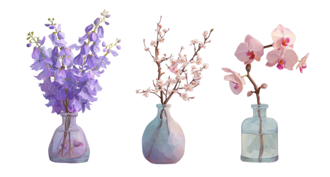 Three vases hold delicate bouquets of flowers in pastel hues - Powered by Adobe