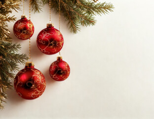 Festive red christmas ornaments adorn a pine branch