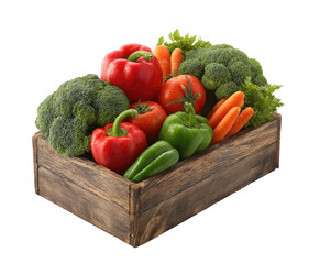 Fresh variety of colorful vegetables in a rustic wooden crate