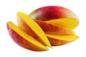 Juicy ripe mango, whole and sliced, with vibrant yellow and red hues