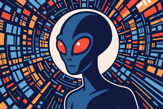 Futuristic alien head with glowing red eyes and abstract background symbolizing mystery intelligence and interstellar life