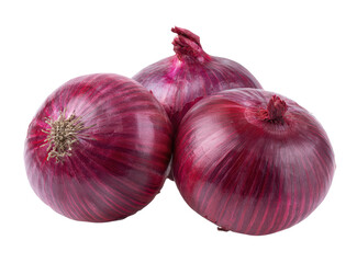 Three vibrant red onions with layered skins against a dark background