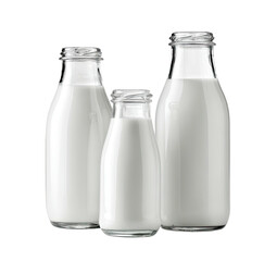 Three glass bottles of fresh milk, various sizes, on black