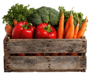 Assorted fresh vegetables in a rustic wooden crate
