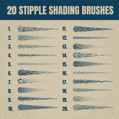 Ink scatter brush, stipple drawing and texturing. Fading gradient. Stippling, dotwork drawing, shading using dots. Halftone disintegration effect. White noise grainy texture. Vector illustration