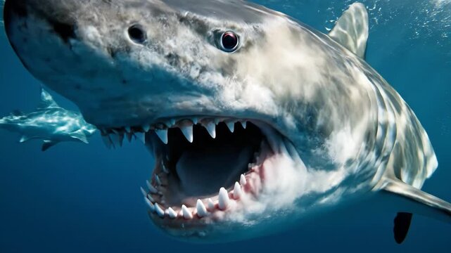 Great White Shark with Open Mouth - This stock image shows a close-up, low-angle view of a great white shark with its mouth wide open, displaying rows of sharp teeth.