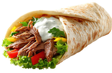Hearty shredded meat and fresh vegetables wrapped in a warm flatbread