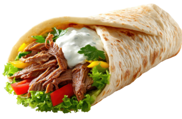 Hearty shredded meat and fresh vegetables wrapped in a warm flatbread