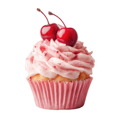 A delicious cupcake with pink frosting and two cherries on top