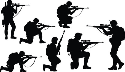 Soldiers with rifles in different shooting positions silhouette vector illustration, military team training, army combat readiness and tactical sniper action © Sarsoti