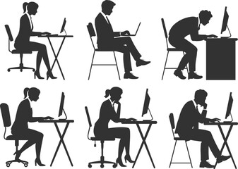 Silhouette vector illustration of business people sitting at office desks using computers and laptops, modern workplace and teamwork concept design