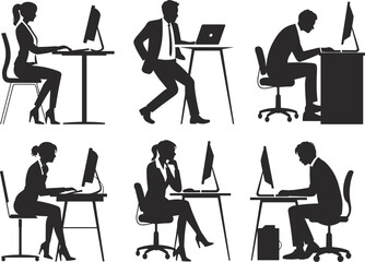 Silhouette vector illustration of business people working at office desks using computers and laptops, professional workspace concept for corporate design