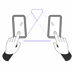 Wireless Data Transfer Line Art Illustration with Two Smartphones and Connecting Signal