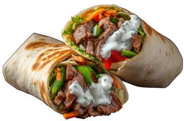 Delicious beef and vegetable wrap with creamy sauce, cut in half