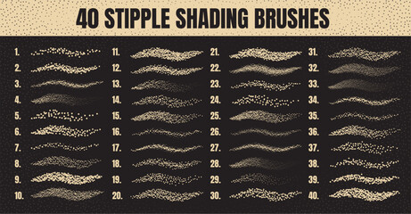 Ink scatter brush, stipple drawing and texturing. Fading gradient. Stippling, dotwork drawing, shading using dots. Halftone disintegration effect. White noise grainy texture. Vector illustration