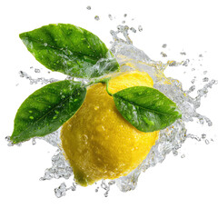 Fresh lemon with green leaves splashing in water