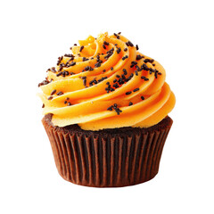 Delicious chocolate cupcake with vibrant orange frosting and sprinkles