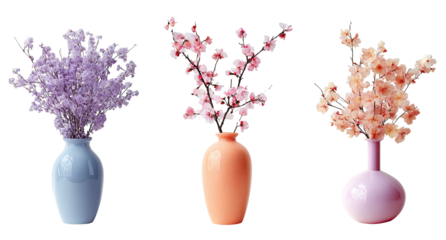 Three vases with blooming branches on a black background