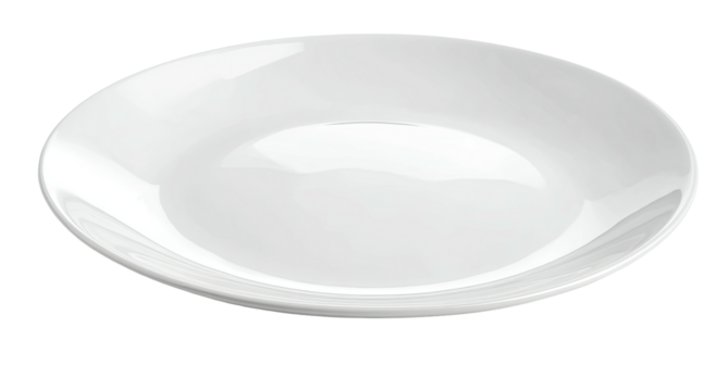A clean, white, shallow ceramic dish on a black background