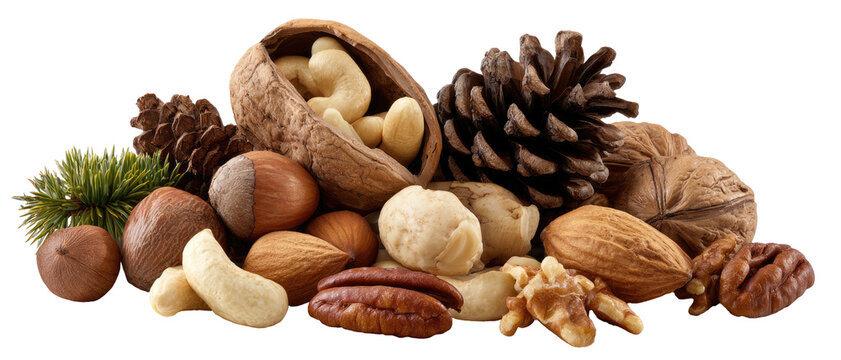 A pile of assorted nuts and pine cones on a dark background - Powered by Adobe