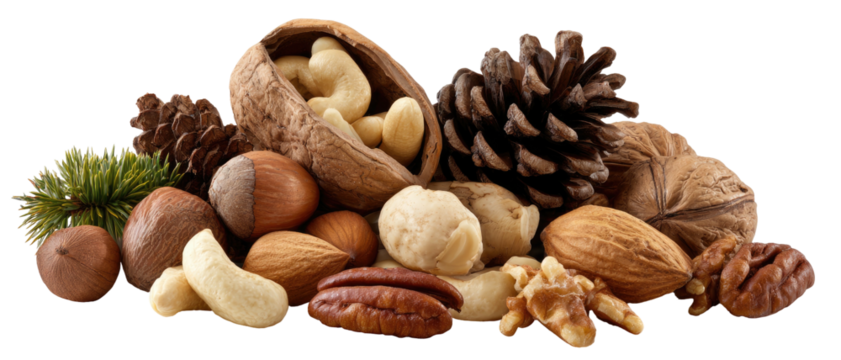A pile of assorted nuts and pine cones on a dark background