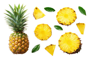 Whole pineapple and slices with green leaves on black
