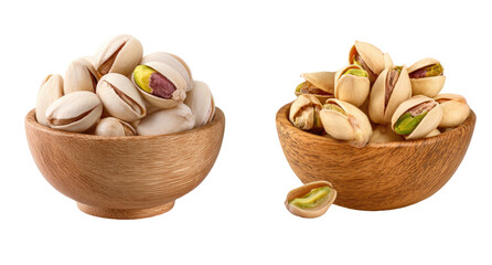 Two wooden bowls filled with roasted pistachios