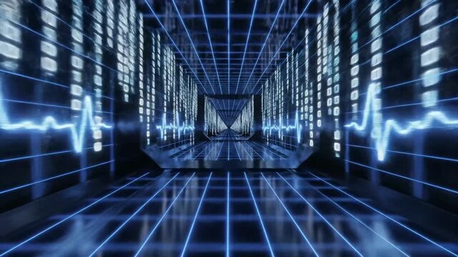 Cyberpunk Data Stream - A futuristic corridor glows with neon blue grids, binary code streams down the walls, and a pulse wave travels across the screen.