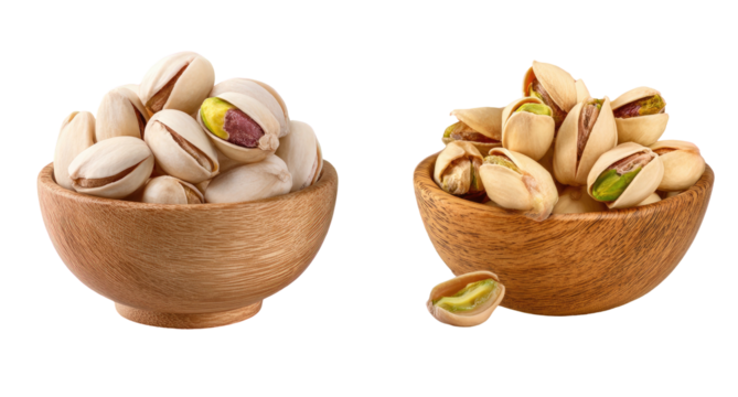 Two wooden bowls filled with roasted pistachios